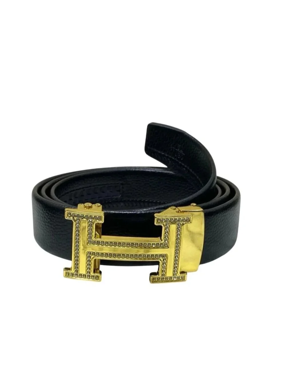 Elegant Fashion Belt Rhinestone Gold Buckle PU Leather Black Length 48.5 in